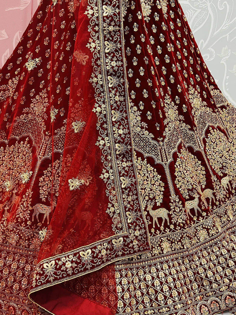 Charming Maroon Velvet Thread Net Dupatta With Bridal Lehenga