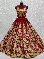 Glamorous Maroon Thread Velvet Bridal Lehenga Choli With Dupatta