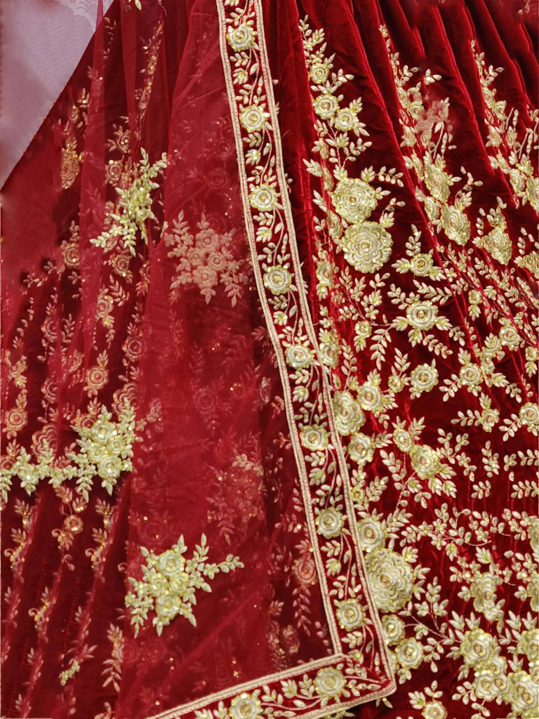 Glamorous Maroon Thread Velvet Bridal Lehenga Choli With Dupatta