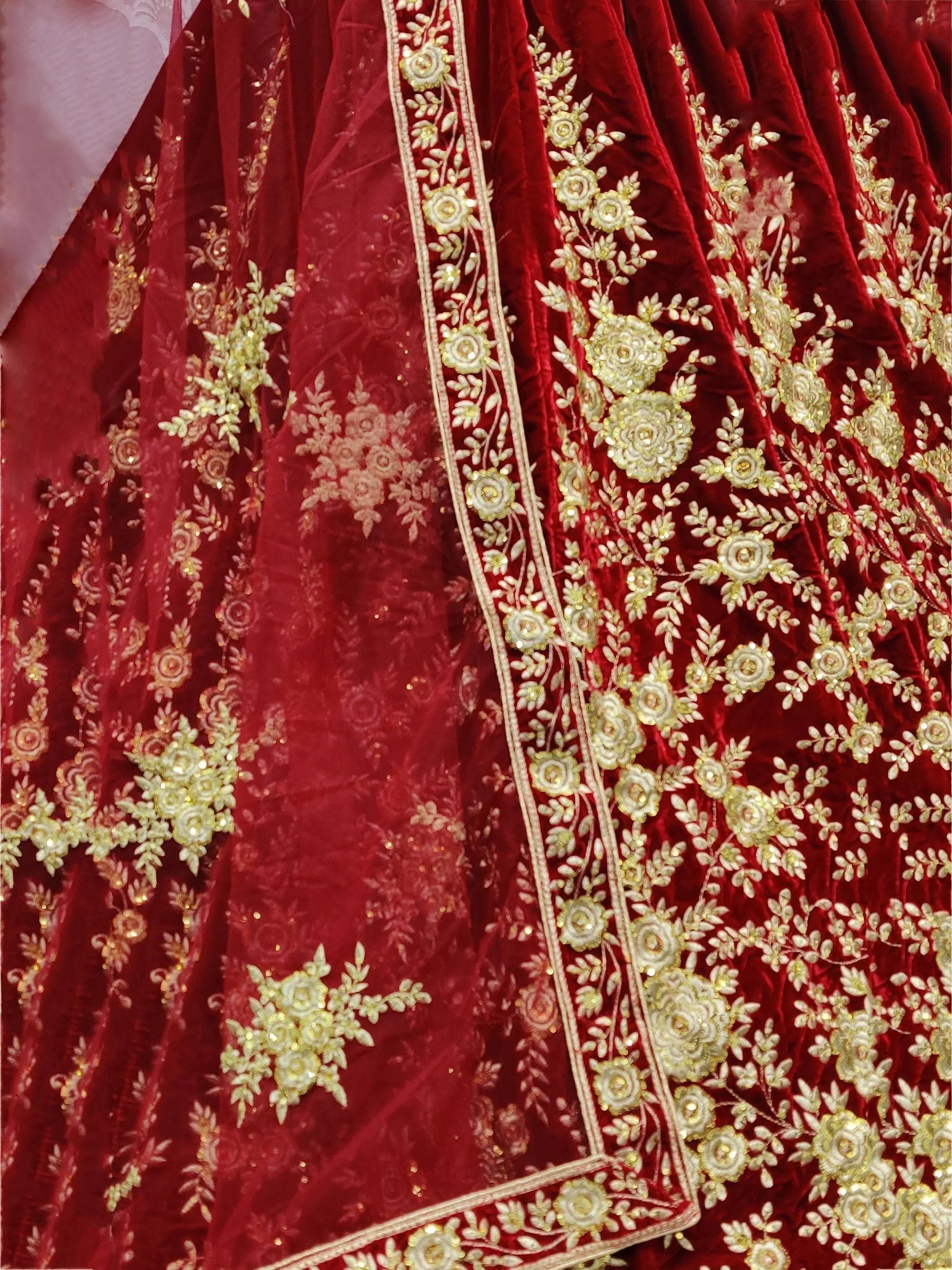 Glamorous Maroon Thread Velvet Bridal Lehenga Choli With Dupatta