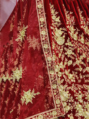 Glamorous Maroon Thread Velvet Bridal Lehenga Choli With Dupatta