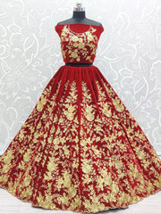 Adorable Red Thread Floral Velvet Bridal Wear Lehenga Choli