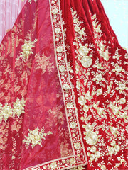 Adorable Red Thread Floral Velvet Bridal Wear Lehenga Choli