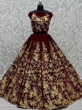 Pretty Dark Maroon Velvet Bridal Lehenga Choli With Thread Work