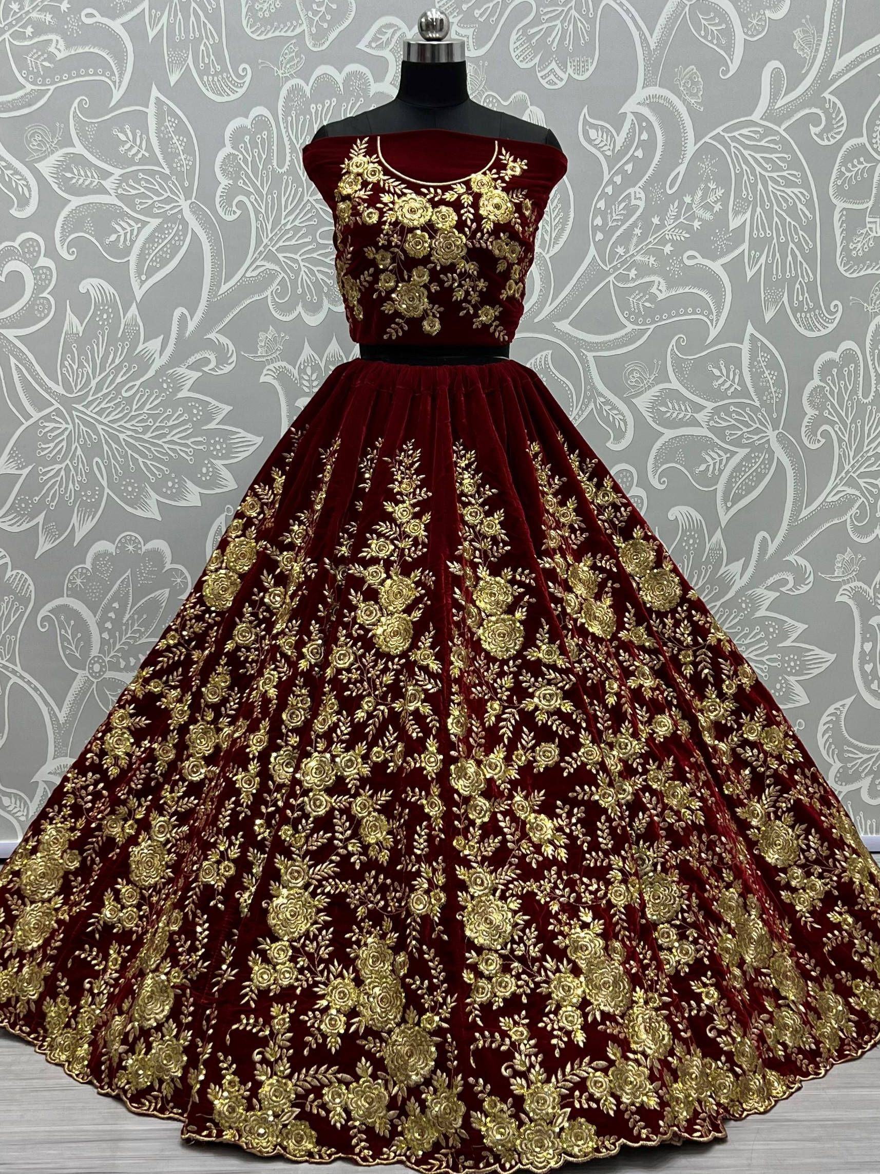 Pretty Dark Maroon Velvet Bridal Lehenga Choli With Thread Work
