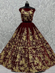 Pretty Dark Maroon Velvet Bridal Lehenga Choli With Thread Work