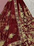 Pretty Dark Maroon Velvet Bridal Lehenga Choli With Thread Work