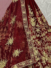 Pretty Dark Maroon Velvet Bridal Lehenga Choli With Thread Work