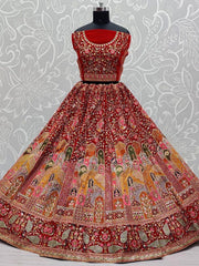 Imperial Red Multi-Thread Double Dupatta Velvet Bridal Wear Lehenga