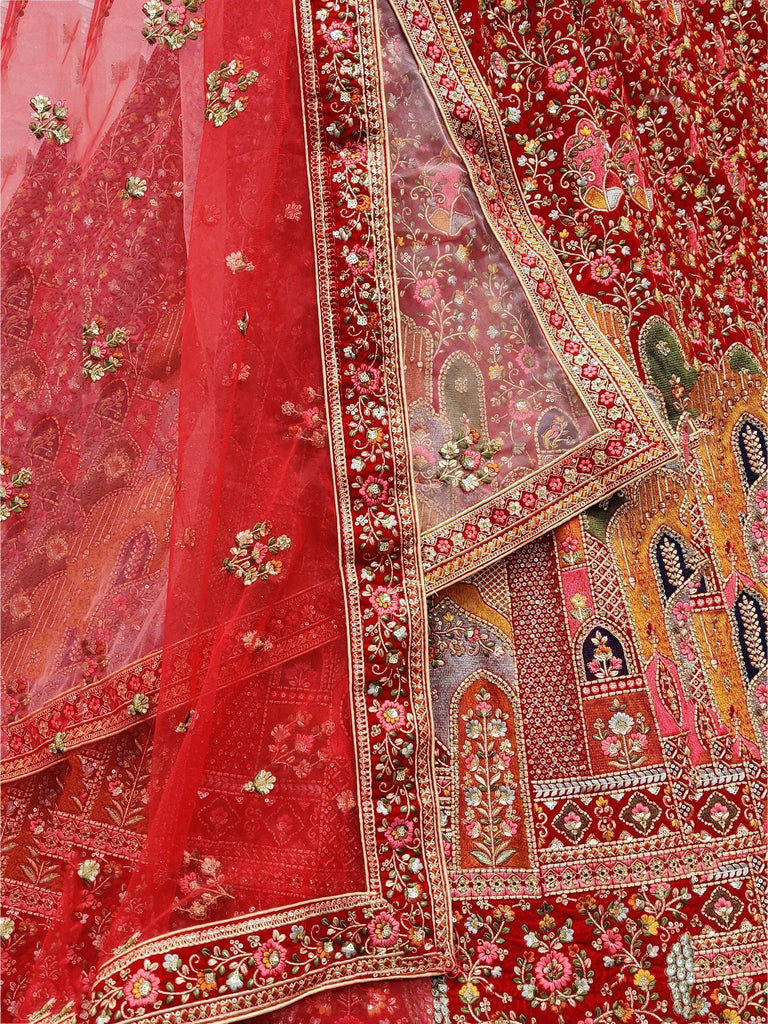 Imperial Red Multi-Thread Double Dupatta Velvet Bridal Wear Lehenga