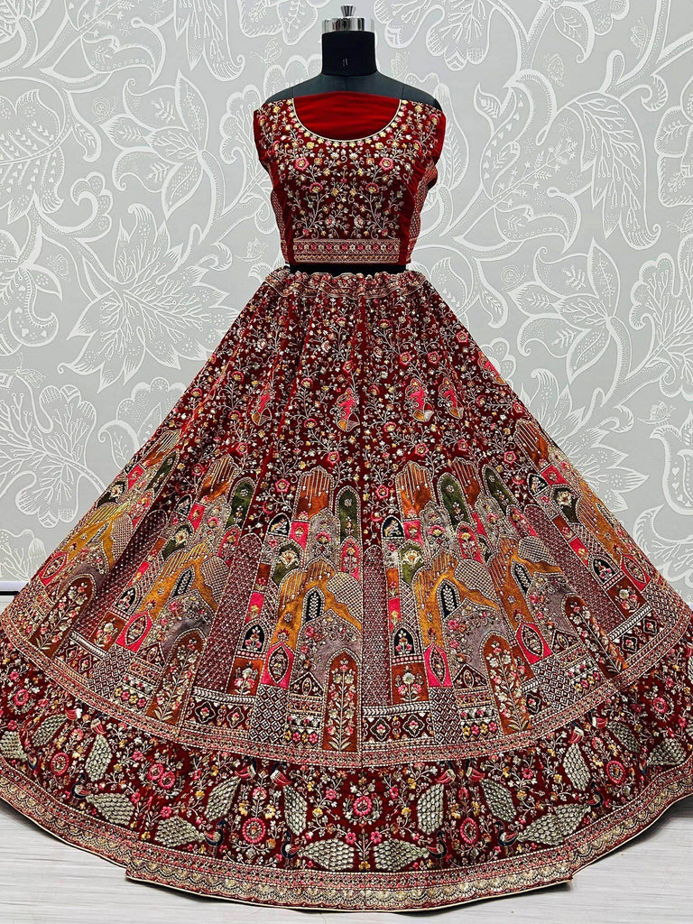 Great Maroon Multi-Thread Patch Velvet Double Dupatta Bridal Lehenga