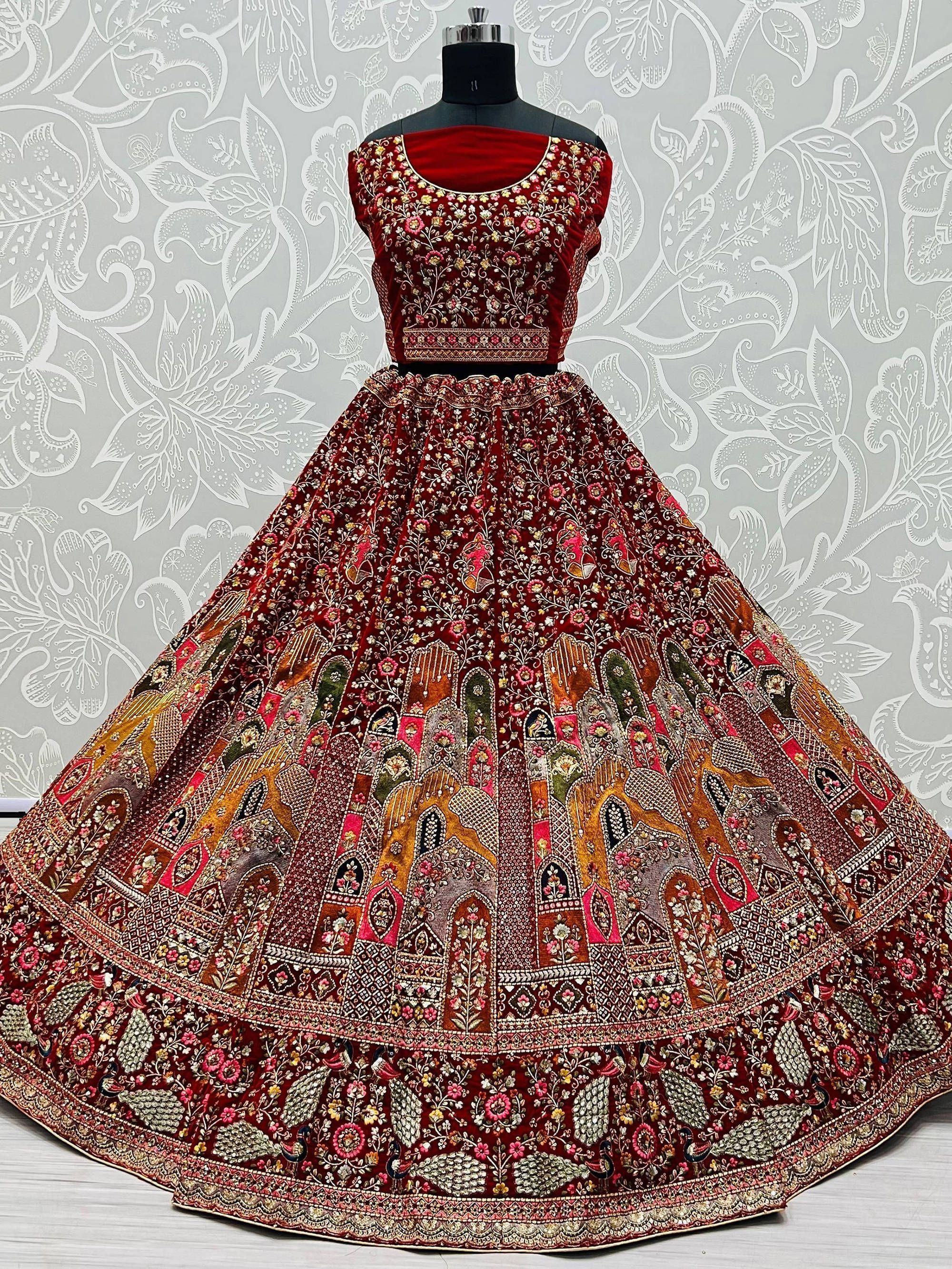 Great Maroon Multi-Thread Patch Velvet Double Dupatta Bridal Lehenga