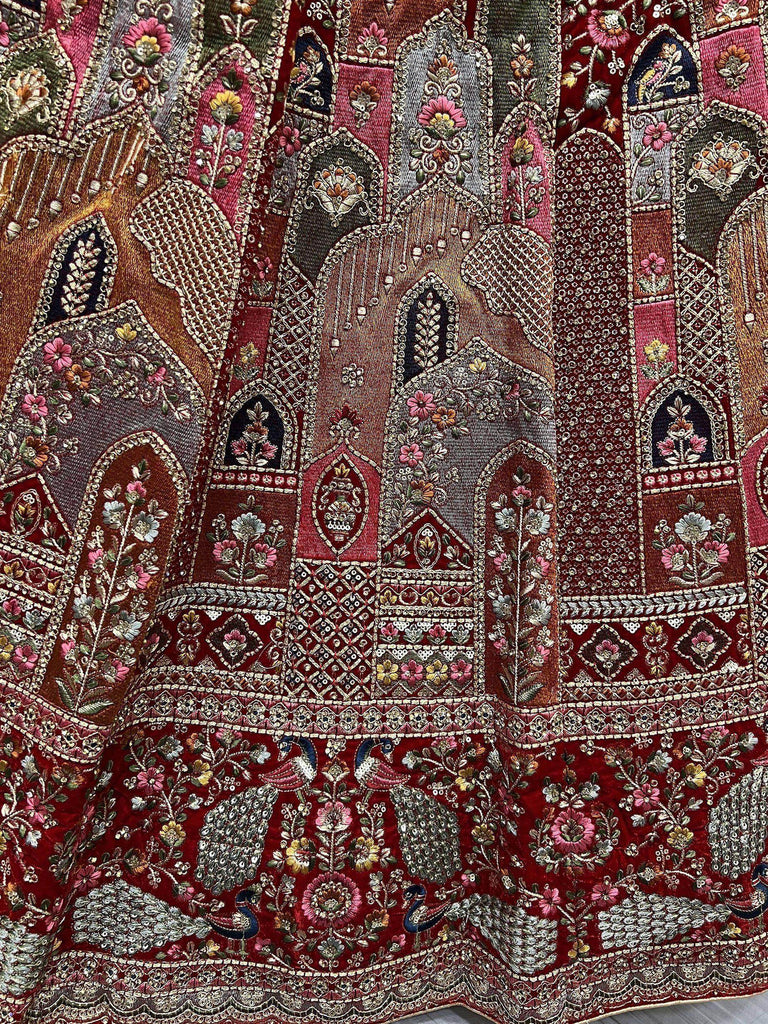 Great Maroon Multi-Thread Patch Velvet Double Dupatta Bridal Lehenga