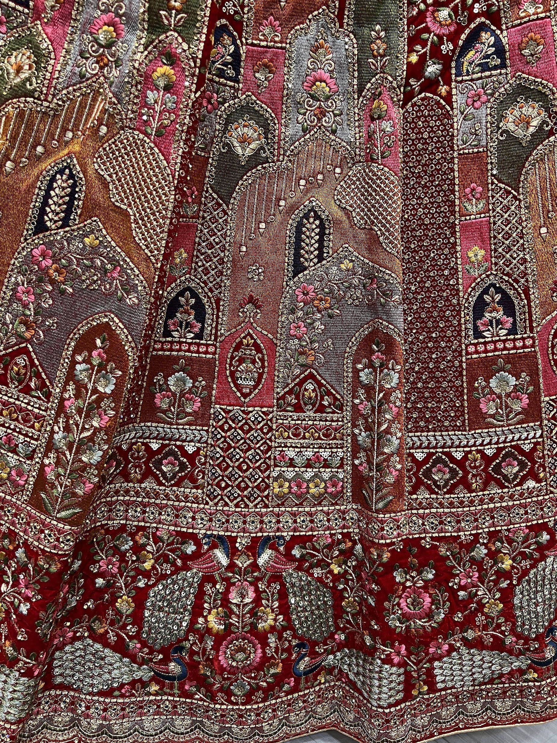 Great Maroon Multi-Thread Patch Velvet Double Dupatta Bridal Lehenga