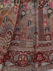 Great Maroon Multi-Thread Patch Velvet Double Dupatta Bridal Lehenga