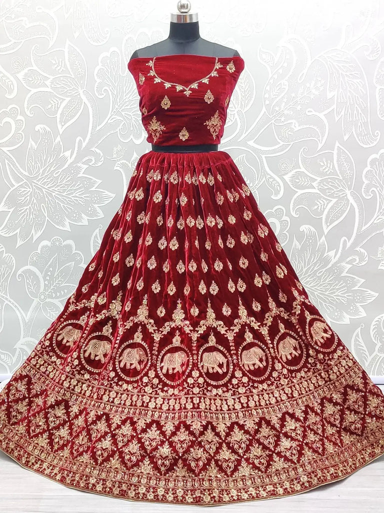 Amazing Red Velvet Zari Work Bridal Lehenga Choli With Dupatta