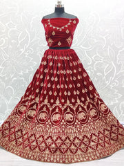 Amazing Red Velvet Zari Work Bridal Lehenga Choli With Dupatta