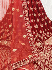 Amazing Red Velvet Zari Work Bridal Lehenga Choli With Dupatta