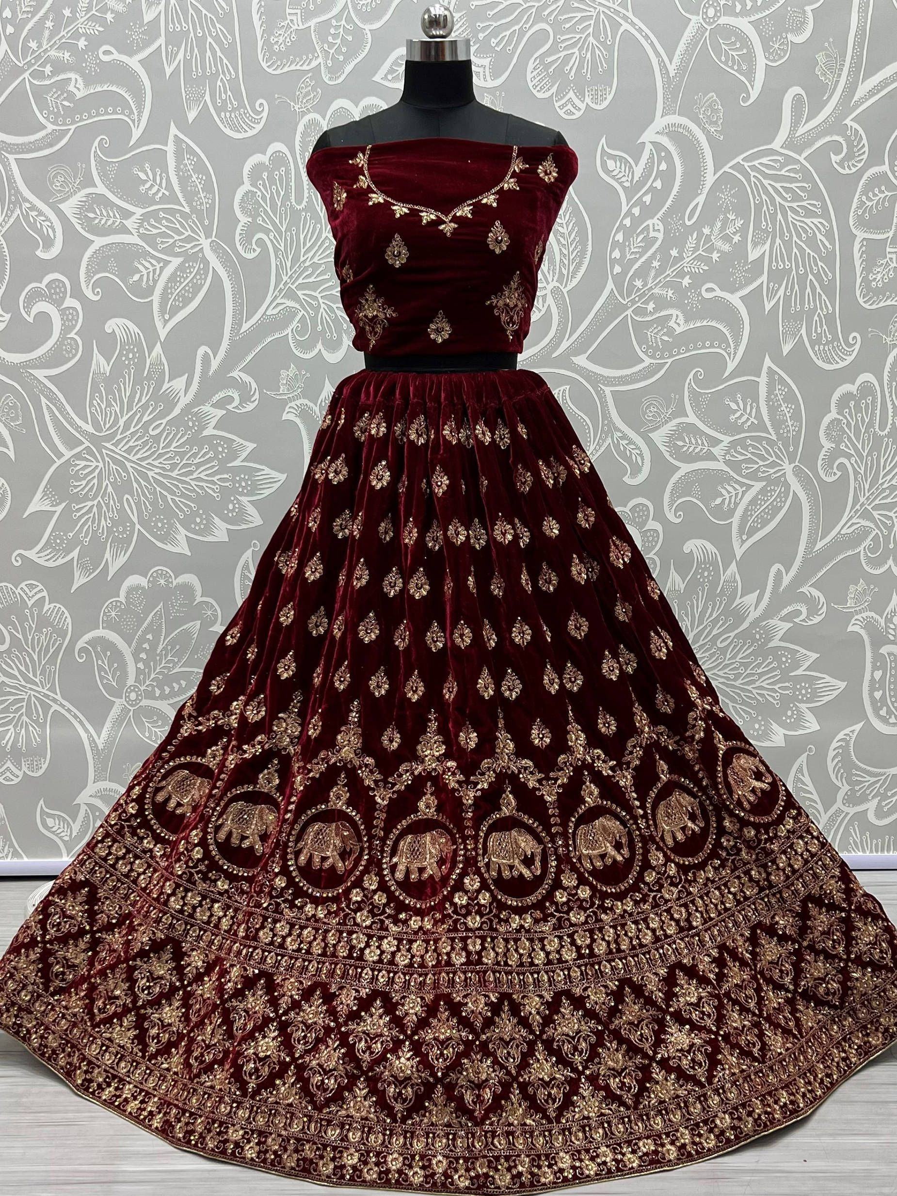 Graceful Maroon Velvet Dori Work Bridal Lehenga Choli
