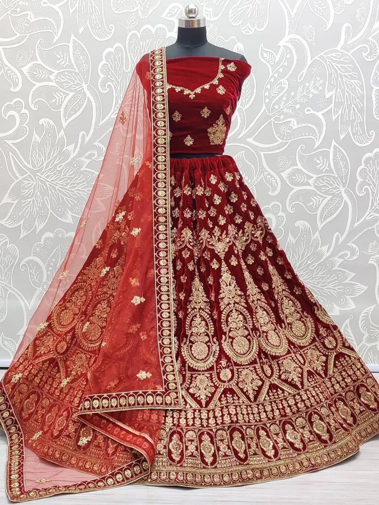 Attractive Red Velvet Embroidery Bridal Wear Lehenga Choli