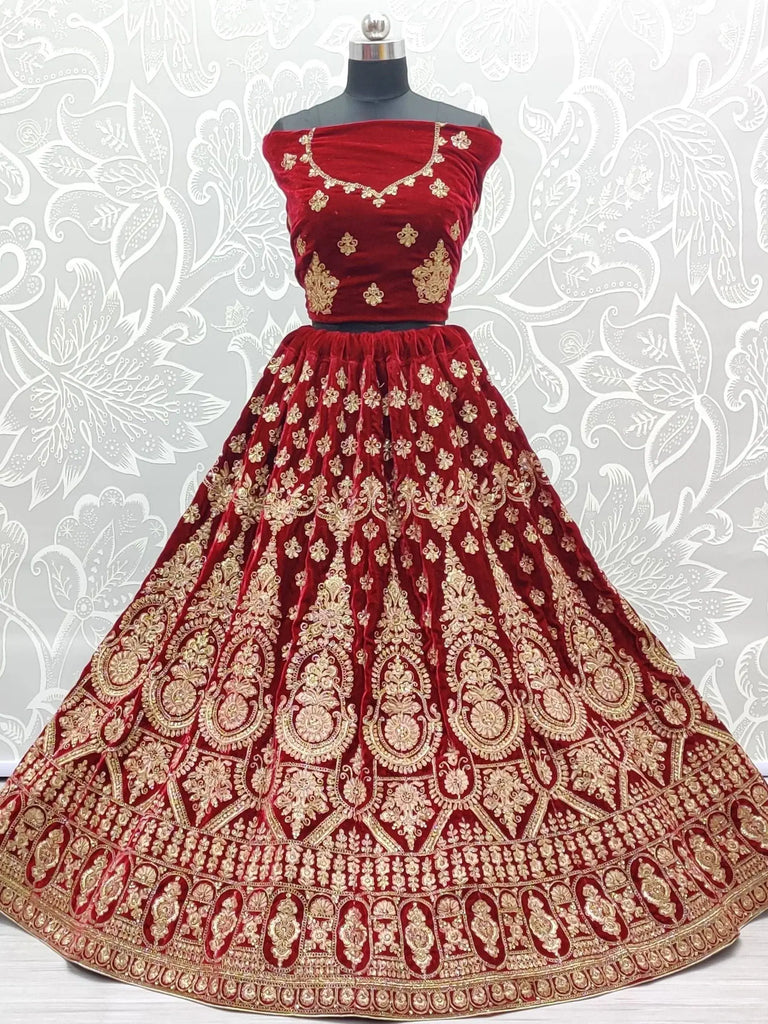 Attractive Red Velvet Embroidery Bridal Wear Lehenga Choli