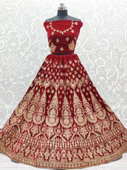 Attractive Red Velvet Embroidery Bridal Wear Lehenga Choli