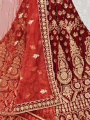 Attractive Red Velvet Embroidery Bridal Wear Lehenga Choli