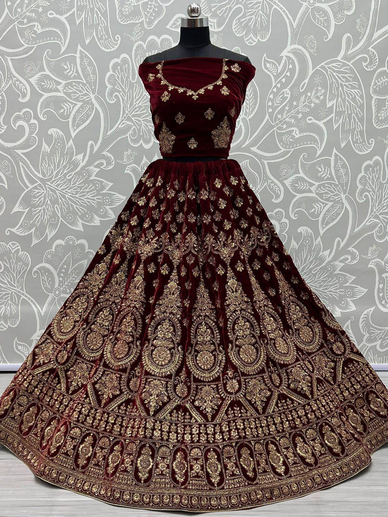 Wonderful Maroon Velvet Zari Embroidered Bridal Wear Lehenga Choli
