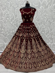 Wonderful Maroon Velvet Zari Embroidered Bridal Wear Lehenga Choli
