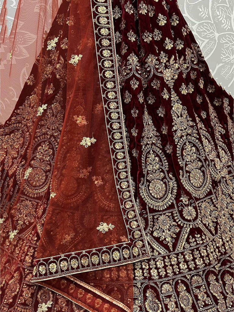Wonderful Maroon Velvet Zari Embroidered Bridal Wear Lehenga Choli