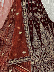 Wonderful Maroon Velvet Zari Embroidered Bridal Wear Lehenga Choli