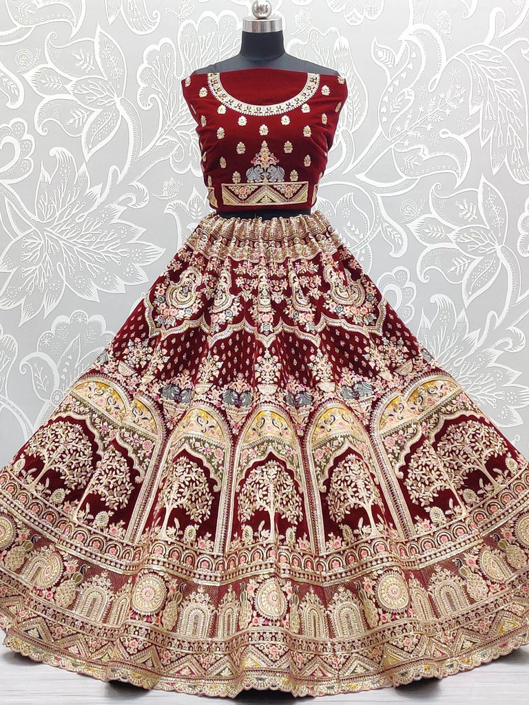 Outstanding Maroon Zari Multi-Thread Velvet Bridal Wear Lehenga Choli