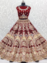Outstanding Maroon Zari Multi-Thread Velvet Bridal Wear Lehenga Choli