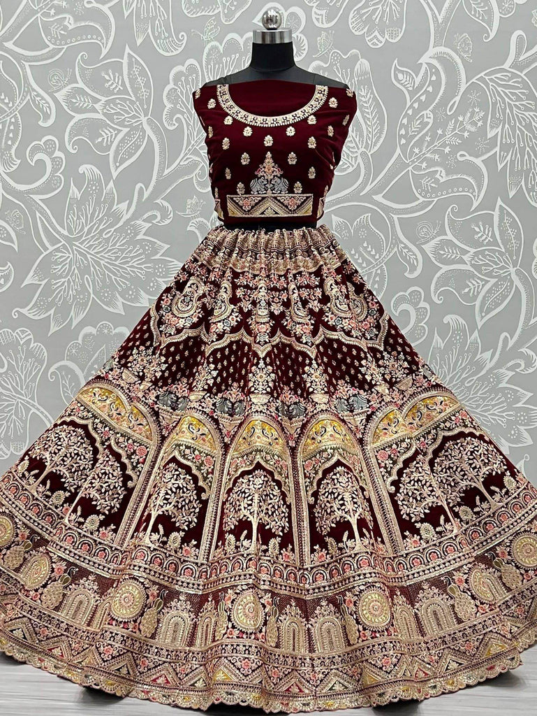 Adorable Dark Maroon Multi-Thread Embroidery Velvet Bridal Lehenga