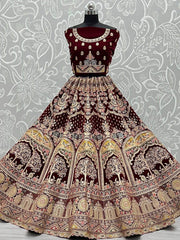 Adorable Dark Maroon Multi-Thread Embroidery Velvet Bridal Lehenga