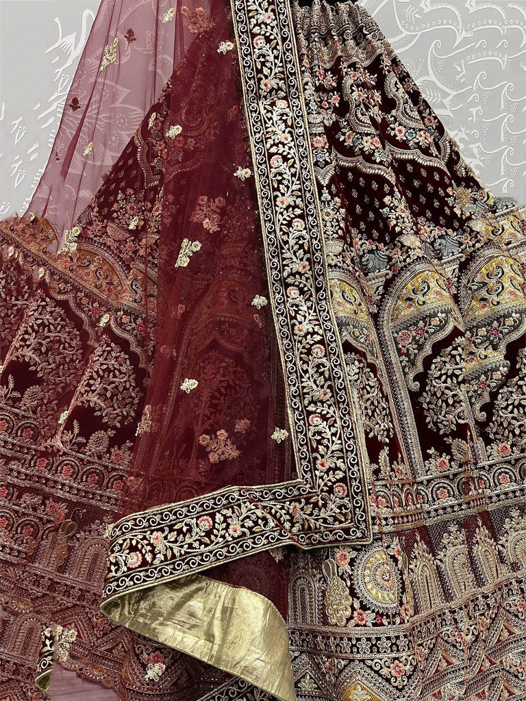 Adorable Dark Maroon Multi-Thread Embroidery Velvet Bridal Lehenga