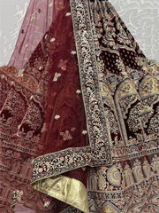 Adorable Dark Maroon Multi-Thread Embroidery Velvet Bridal Lehenga