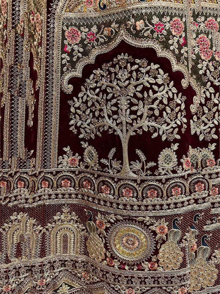 Adorable Dark Maroon Multi-Thread Embroidery Velvet Bridal Lehenga