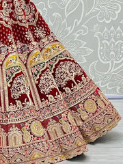 Amazing Red Thread Embroidered Velvet Bridal Wear Lehenga Choli