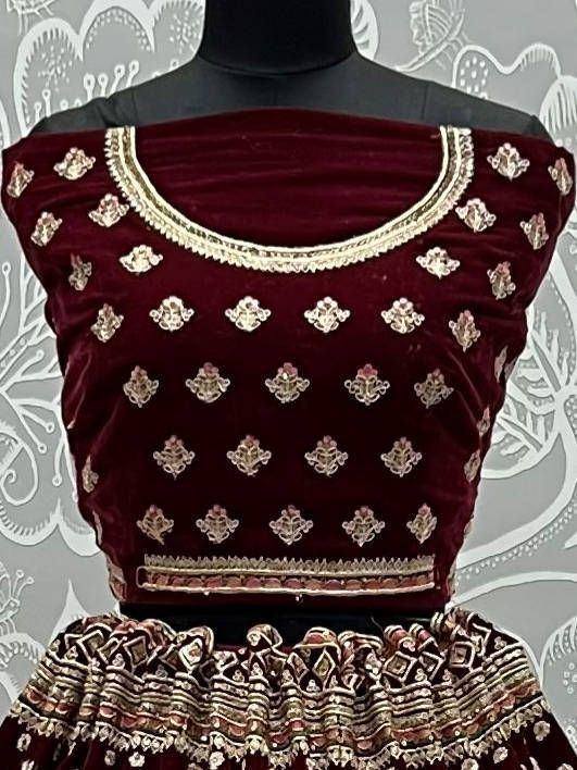 Maroon velvet lehenga choli with gold embroidery, ethnic wear for women