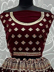 Amazing Dark Maroon Zari Multi-Thread Velvet Bridal Lehenga Choli