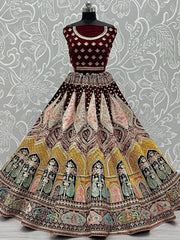 Amazing Dark Maroon Zari Multi-Thread Velvet Bridal Lehenga Choli