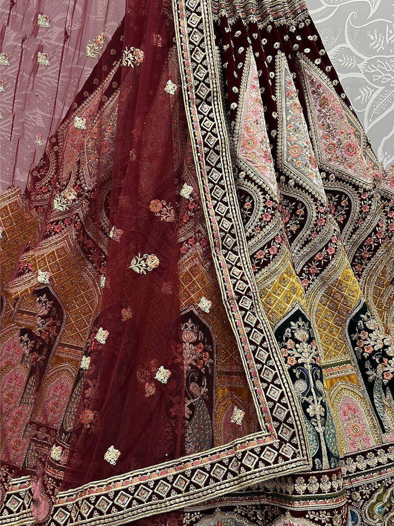 Amazing Dark Maroon Zari Multi-Thread Velvet Bridal Lehenga Choli