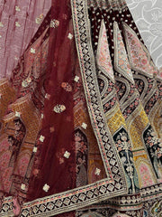 Amazing Dark Maroon Zari Multi-Thread Velvet Bridal Lehenga Choli