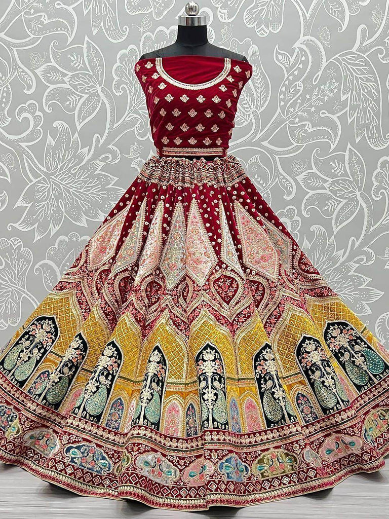 Stupendous Pink Multi-Thread Sequins Velvet Bridal Lehenga Choli