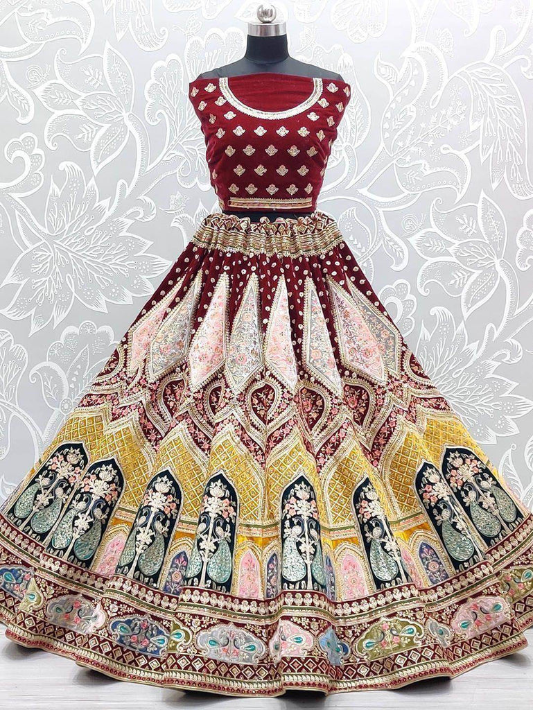 Fantastic Red Multi-Thread Zari Velvet Bridal Wear Lehenga Choli