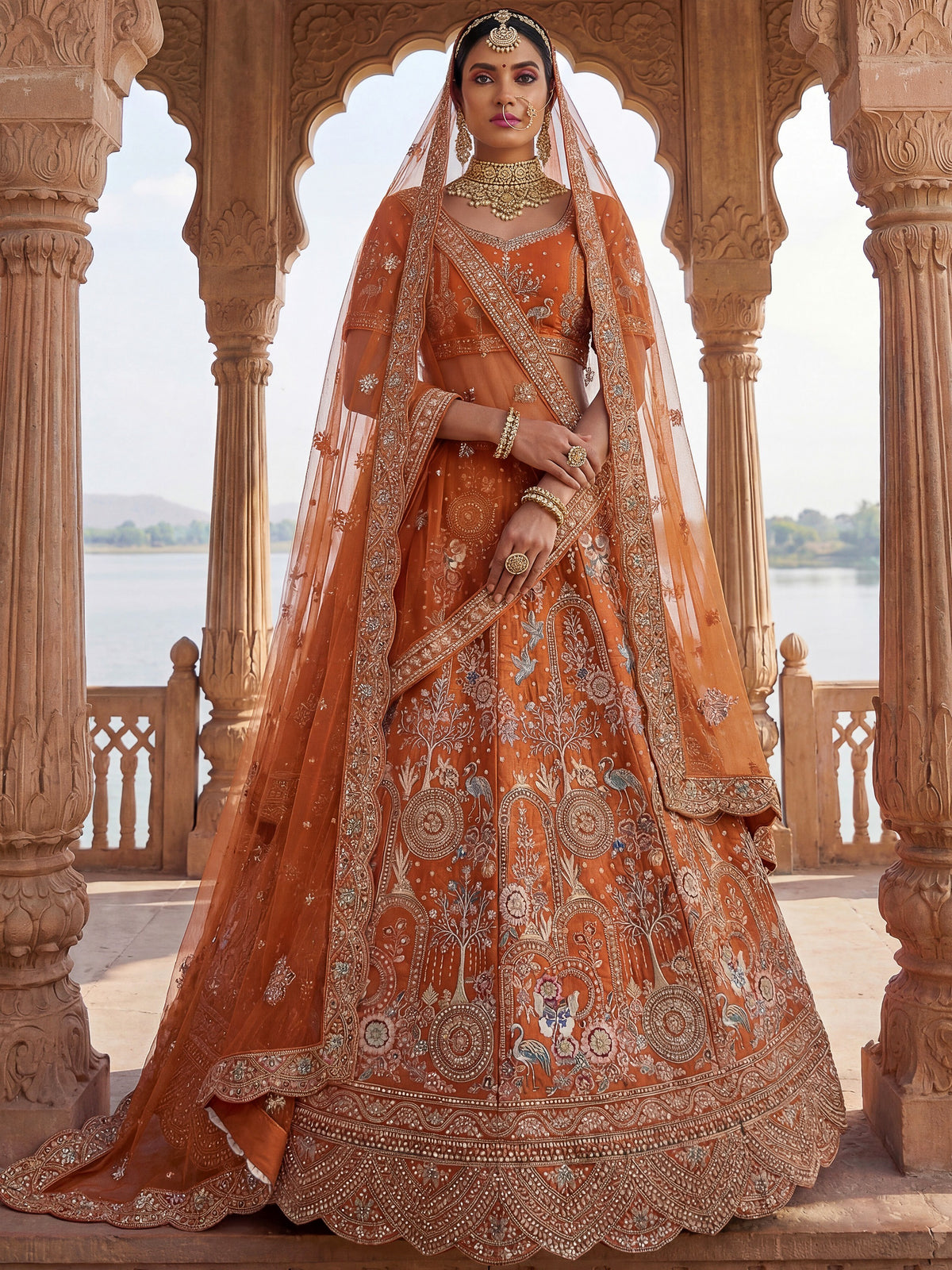 Great Orange Dori Work Silk Bridal Lehenga Choli With Double Dupatta