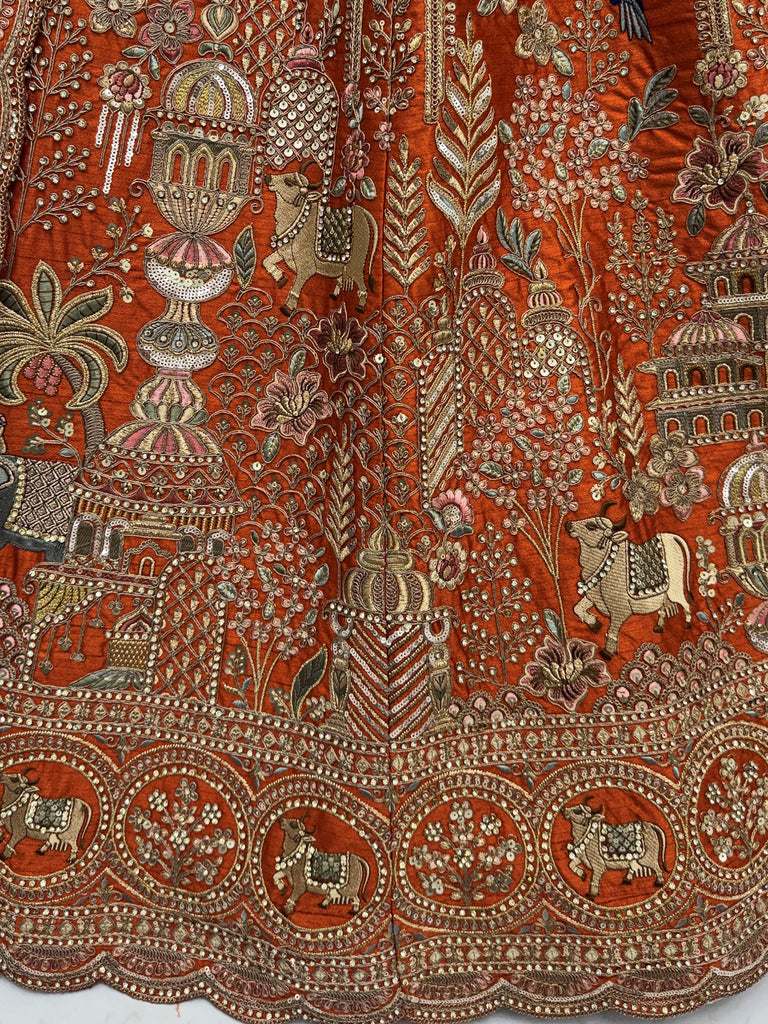Classic Orange Embroidered Silk Bridal Lehenga Choli With Double Dupatta