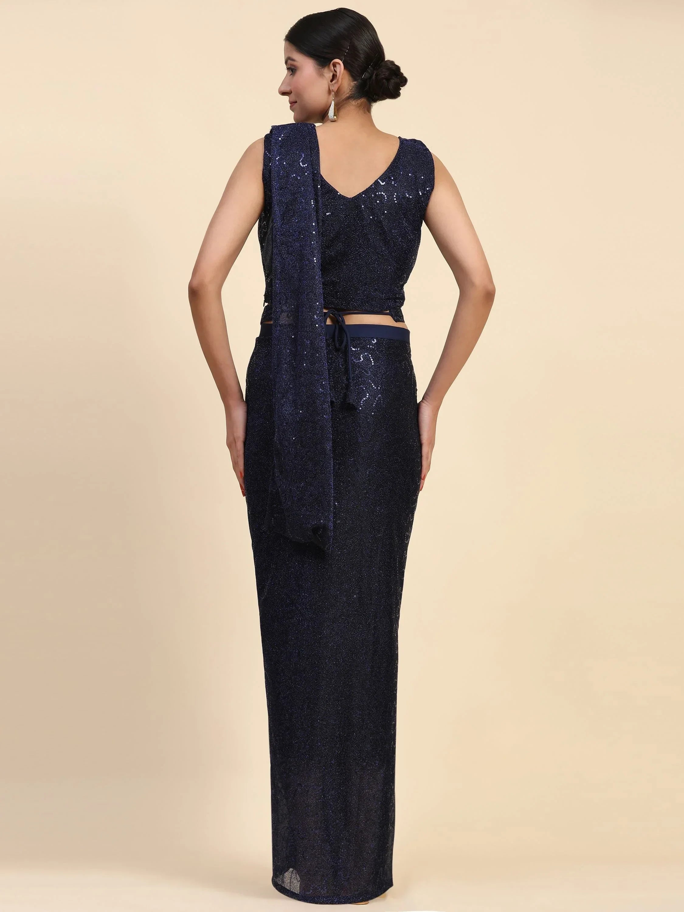 Charming Navy Blue Sequins Lycra Party Wear Pre-Stitched Saree