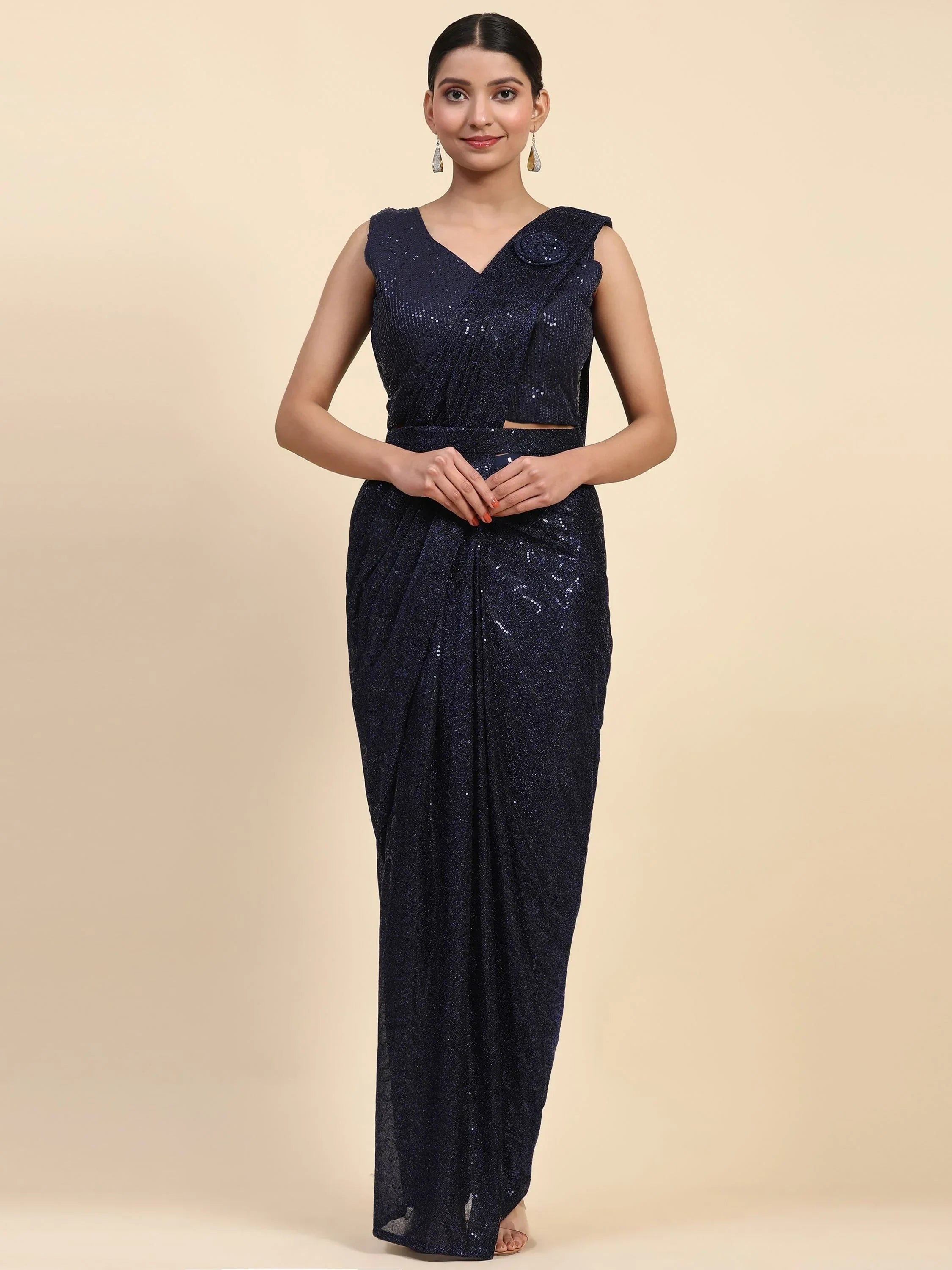 Charming Navy Blue Sequins Lycra Party Wear Pre-Stitched Saree